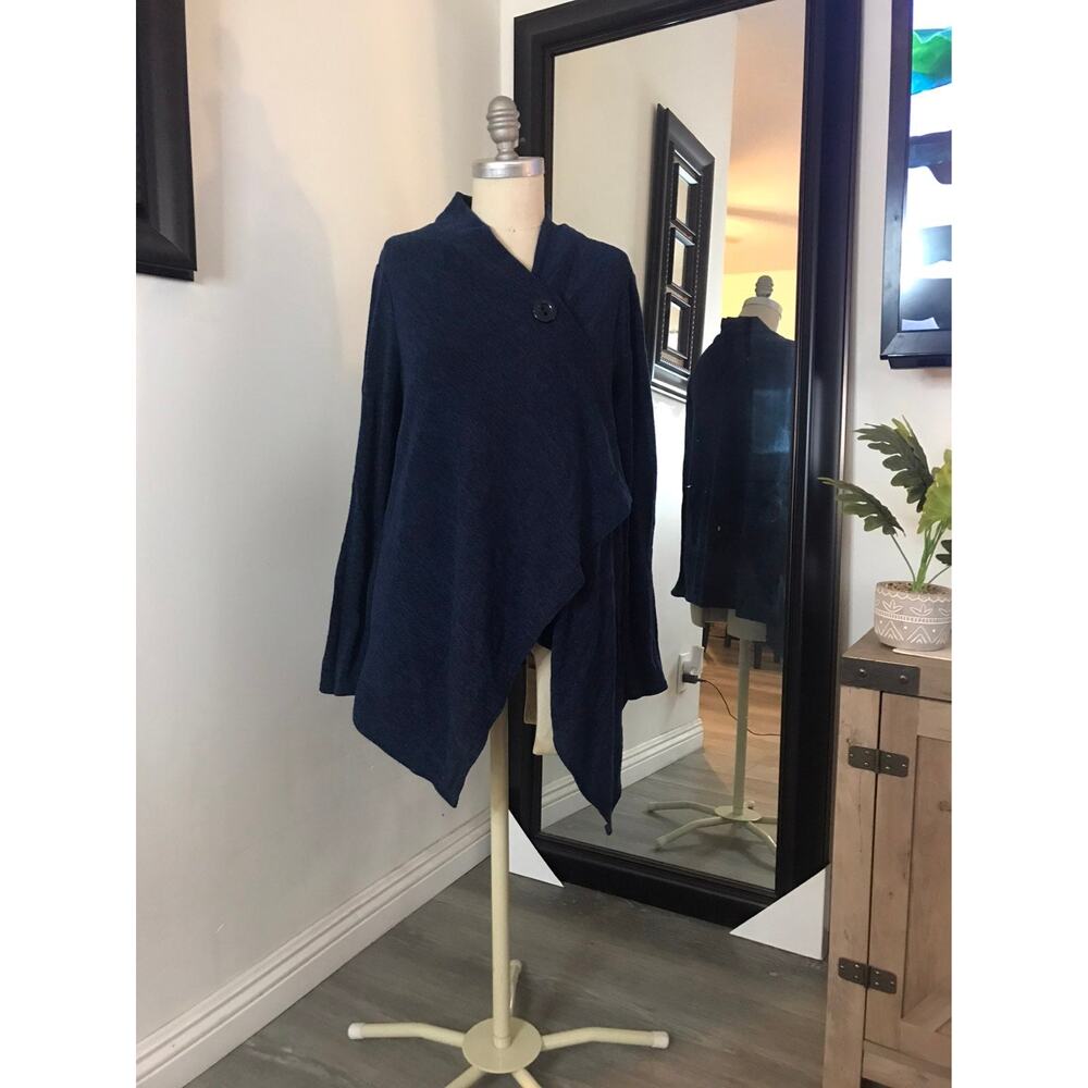 Carol Rose Women’s Asymmetrical Poncho Sweater Navy Button Front Wrap Medium